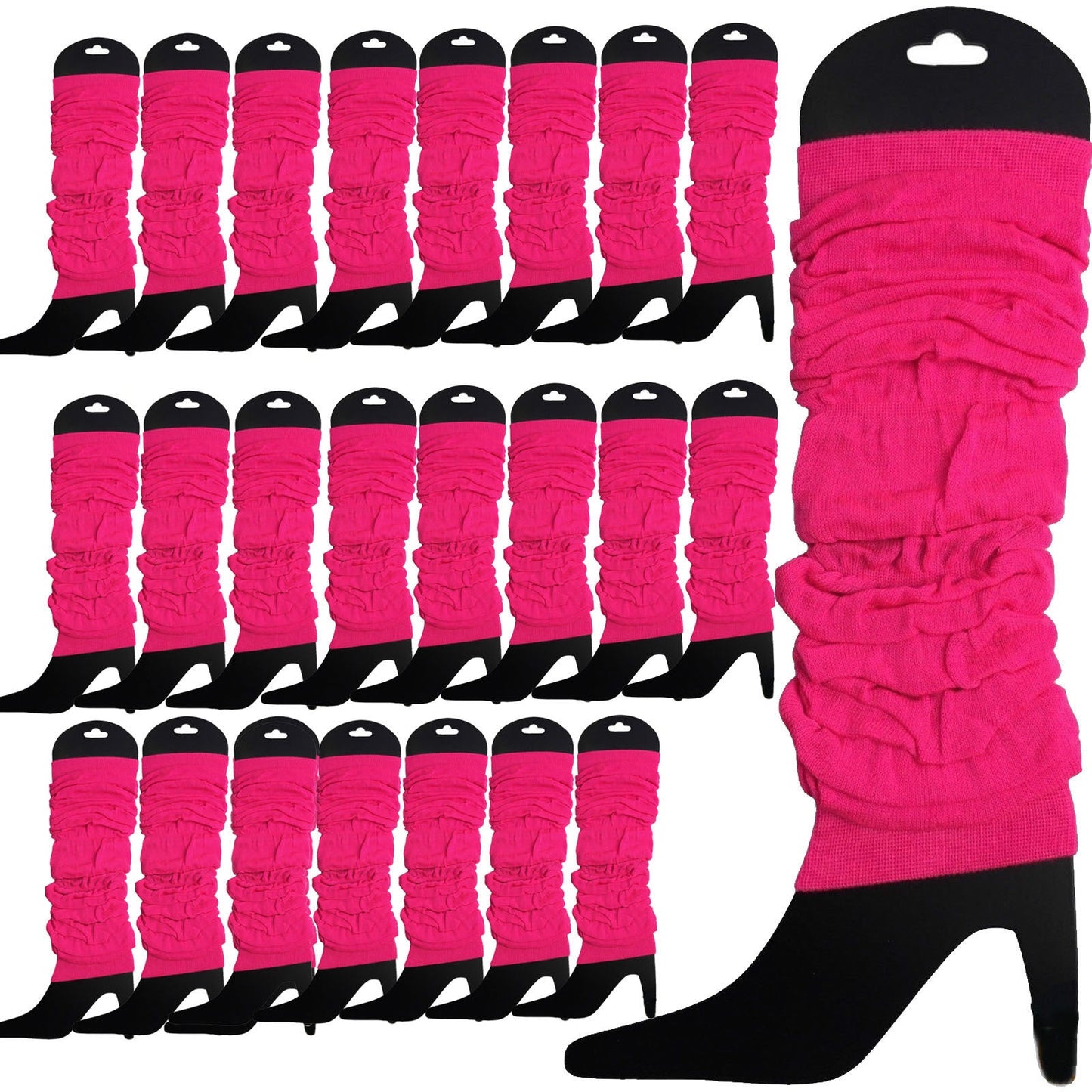 24 LEG WARMERS Knitted Womens Neon Party Knit Ankle Fluro Dance Costume 80s BULK - Fluro Hot Pink-1