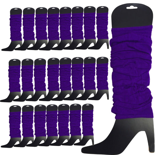 24 LEG WARMERS Knitted Womens Neon Party Knit Ankle Fluro Dance Costume 80s BULK - Purple