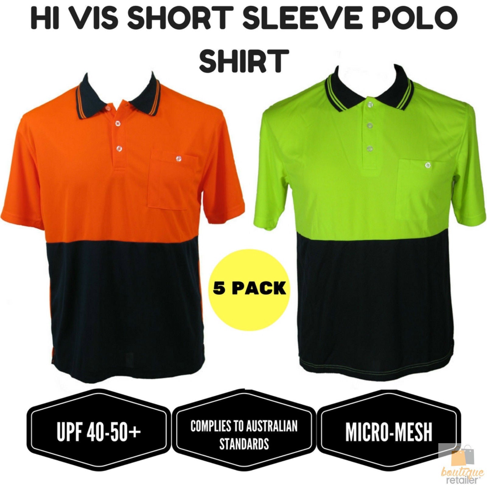 5x HI VIS Polo Shirt Top Tee Safety Workwear Short Sleeve Breathable Mesh BULK-3