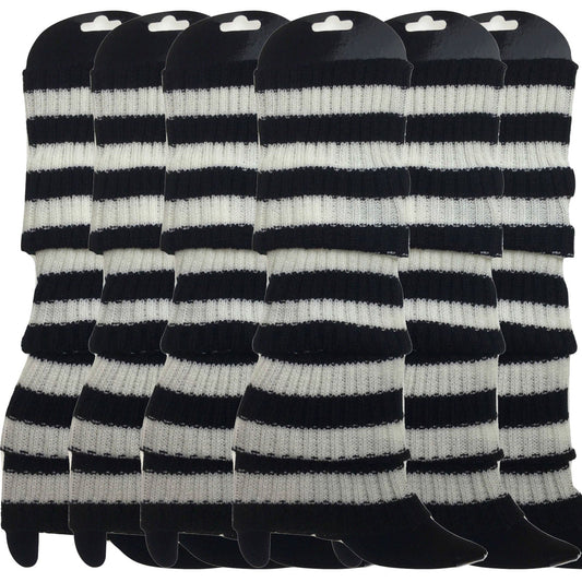 6x Womens Leg Warmers Disco Winter Knit Dance Party Crochet Legging Socks Costume - Black/White Stripe-0