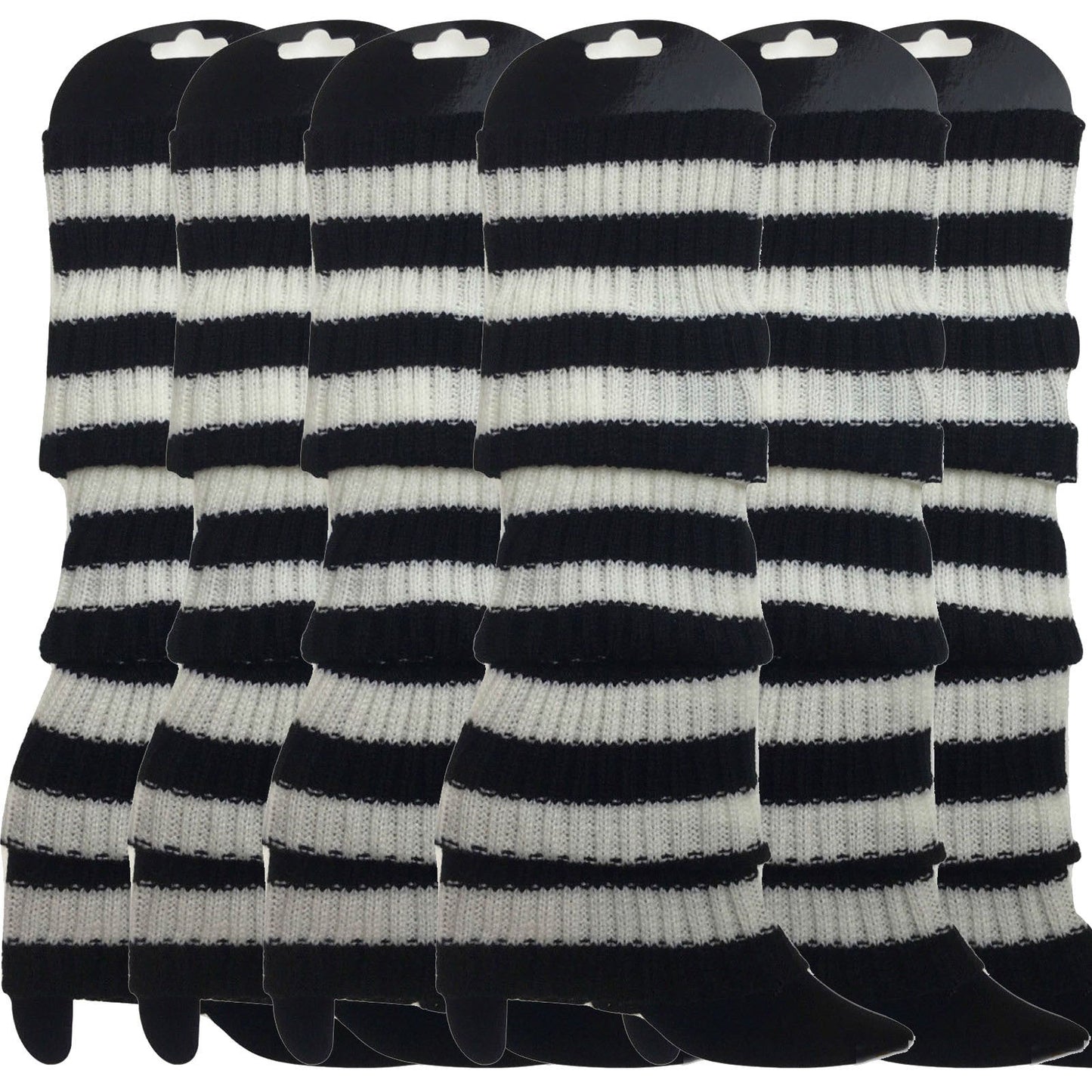 6x Womens Leg Warmers Disco Winter Knit Dance Party Crochet Legging Socks Costume - Black/White Stripe-1