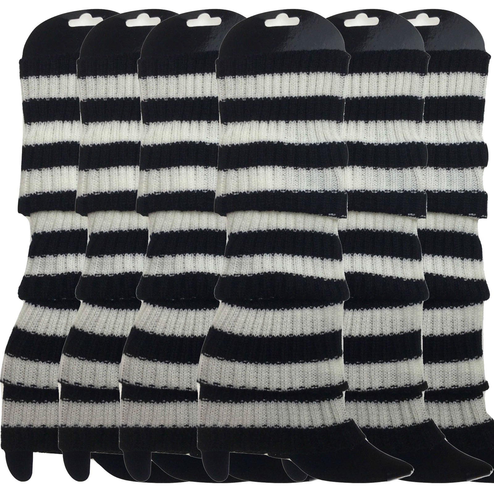 6x Womens Leg Warmers Disco Winter Knit Dance Party Crochet Legging Socks Costume - Black/White Stripe-1