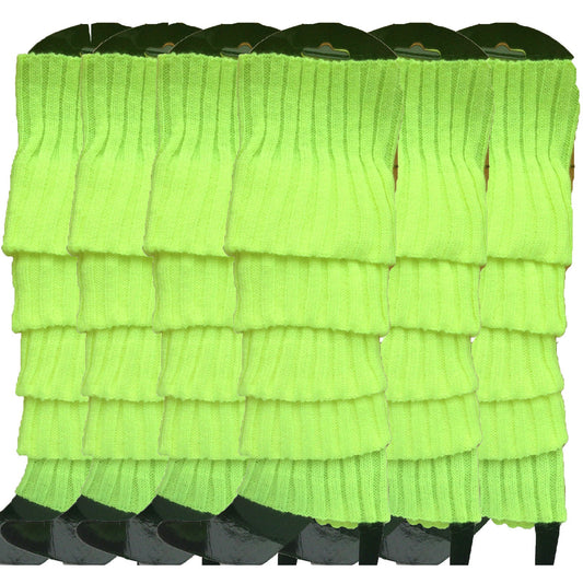 6x Womens Leg Warmers Disco Winter Knit Dance Party Crochet Legging Socks Costume - Fluro Yellow