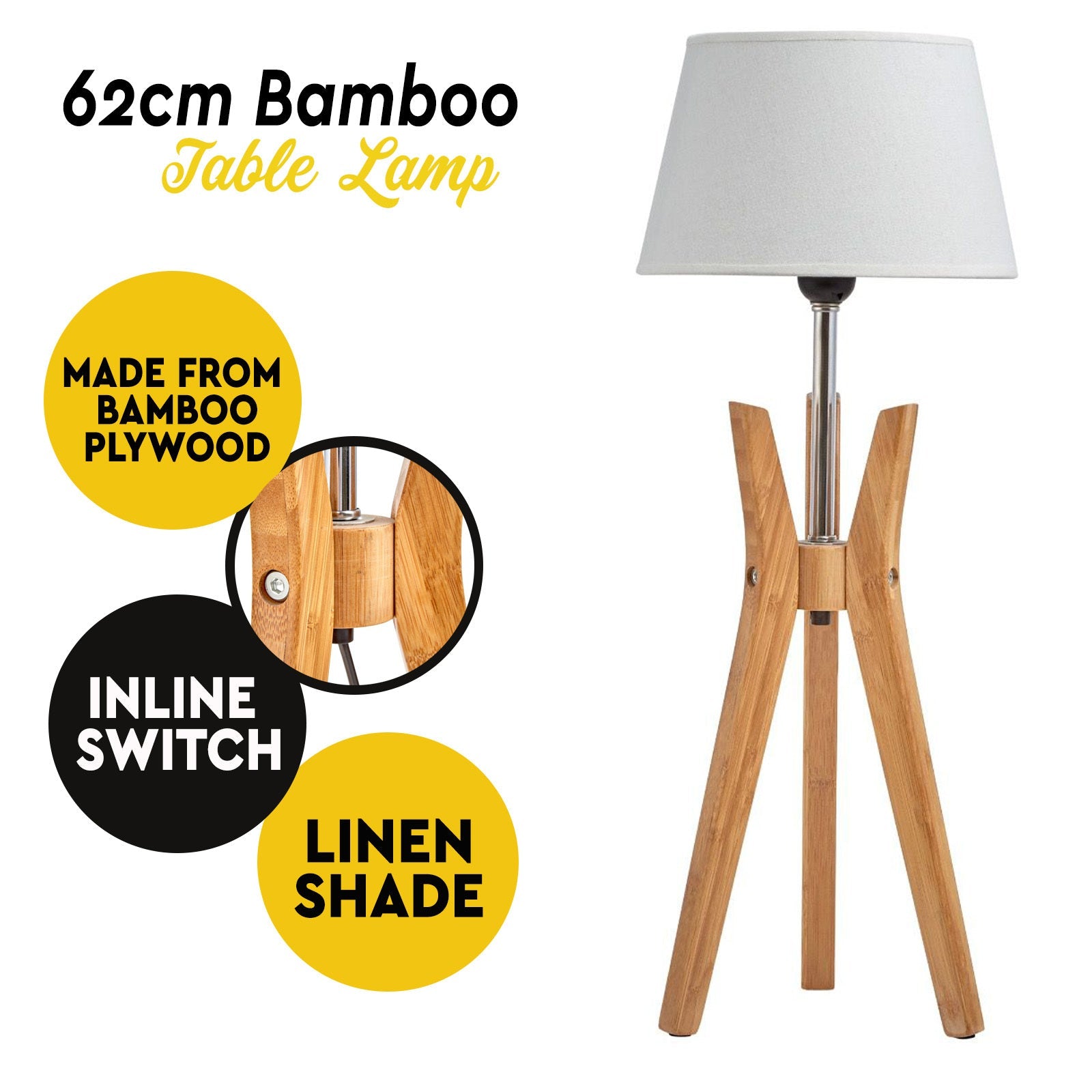 Bamboo Tripod Table Lamp Desk Modern Rustic Geo Light w Linen Shade-1