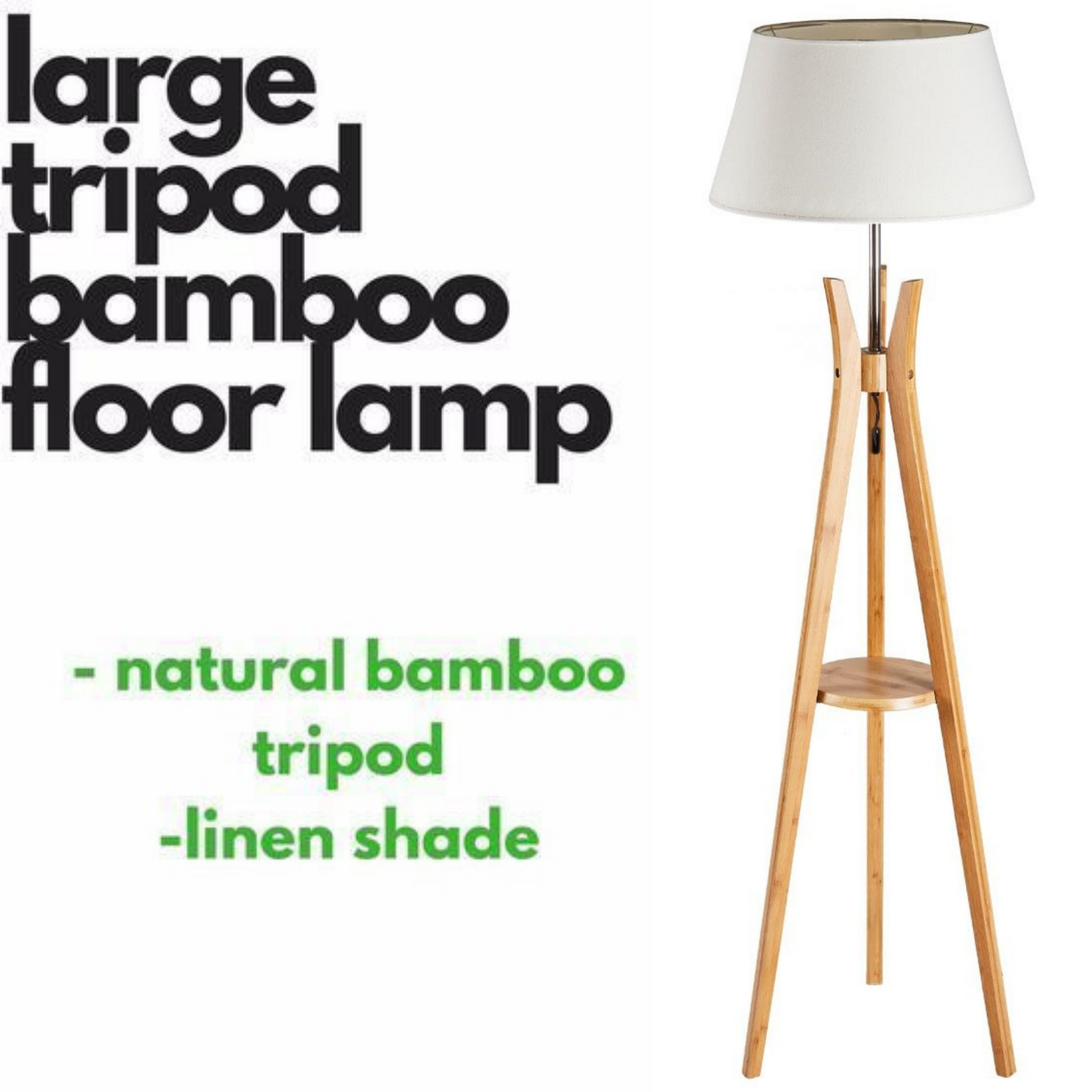 156cm Bamboo Wooden Tripod Floor Lamp with White Light Linen Shade-1