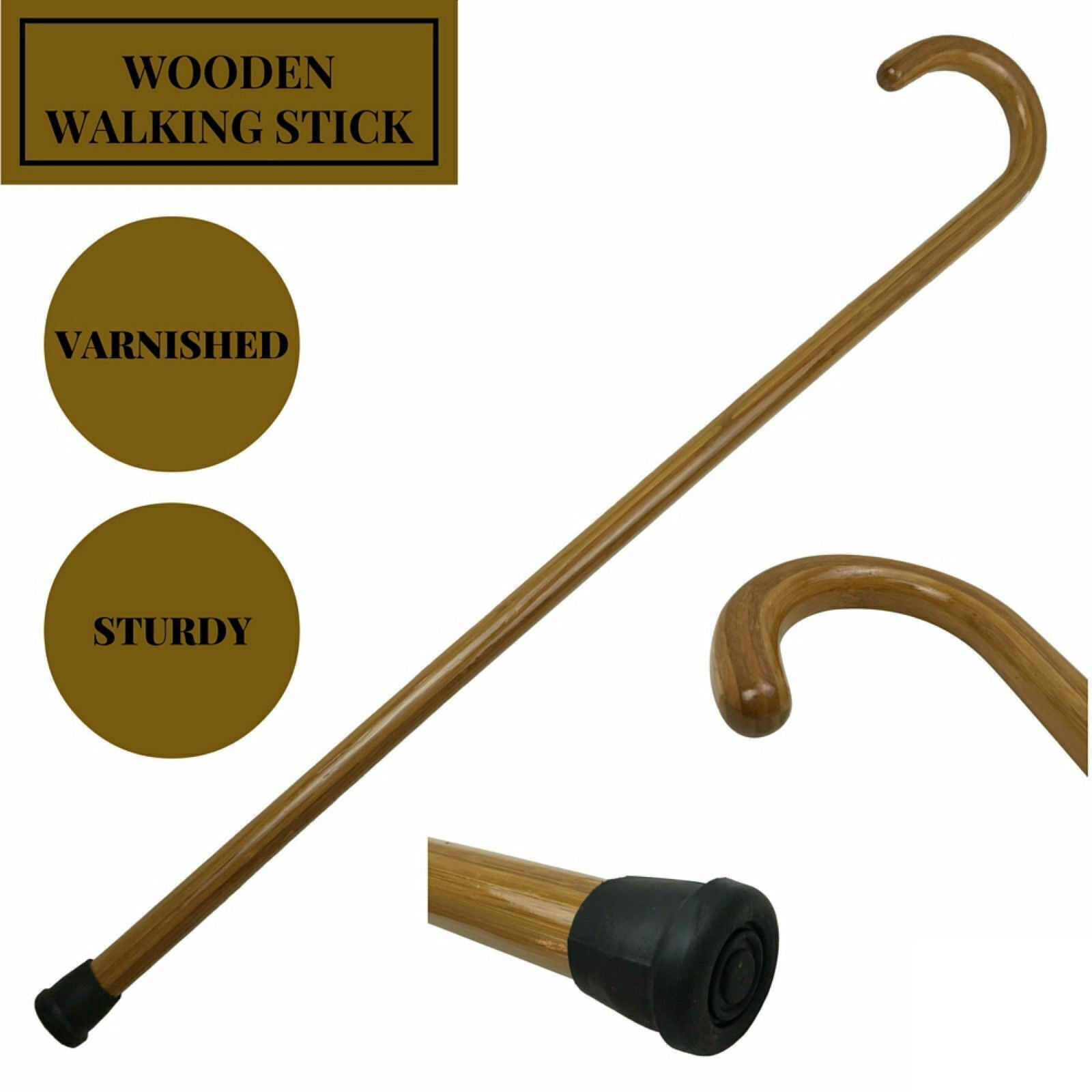 92cm WOODEN WALKING STICK Wood Cane Pole Carved Varnished Deluxe Quality Sturdy - Brown-1