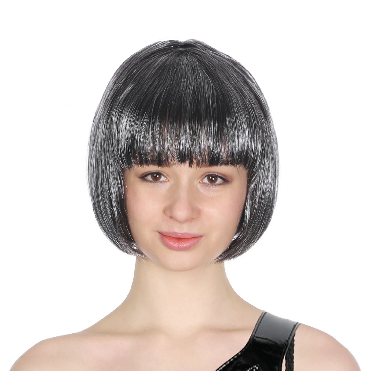 Bob Wig Costume Short Straight Fringe Cosplay Party Full Hair Womens Fancy Dress - Grey-0