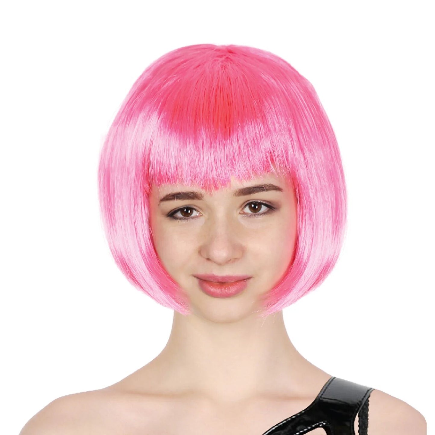 Bob Wig Costume Short Straight Fringe Cosplay Party Full Hair Womens Fancy Dress - Hot Pink-0