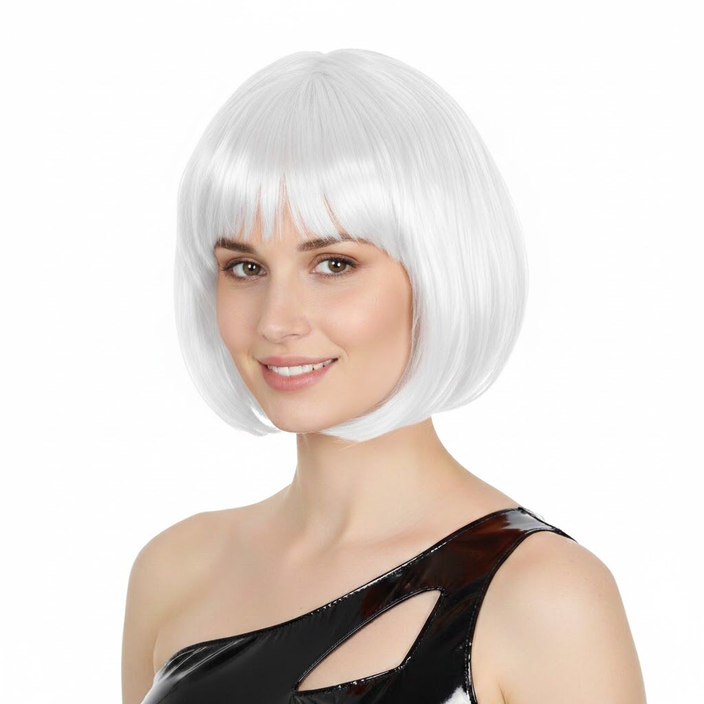 Bob Wig Costume Short Straight Fringe Cosplay Party Full Hair Womens Fancy Dress - White