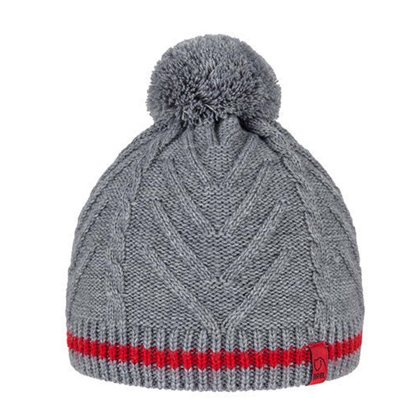 BRBL Merino Wool Blend Pull On BEANIE Hat Knitted Pom Pom - Grey/Red - S-1