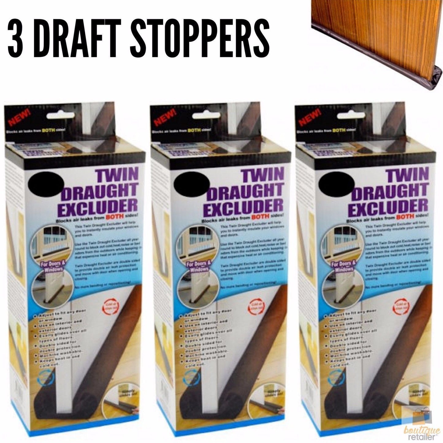 3x Twin DRAFT STOPPER Double Sided Snake Air Wind Door Guard Cover Weather Seal-1