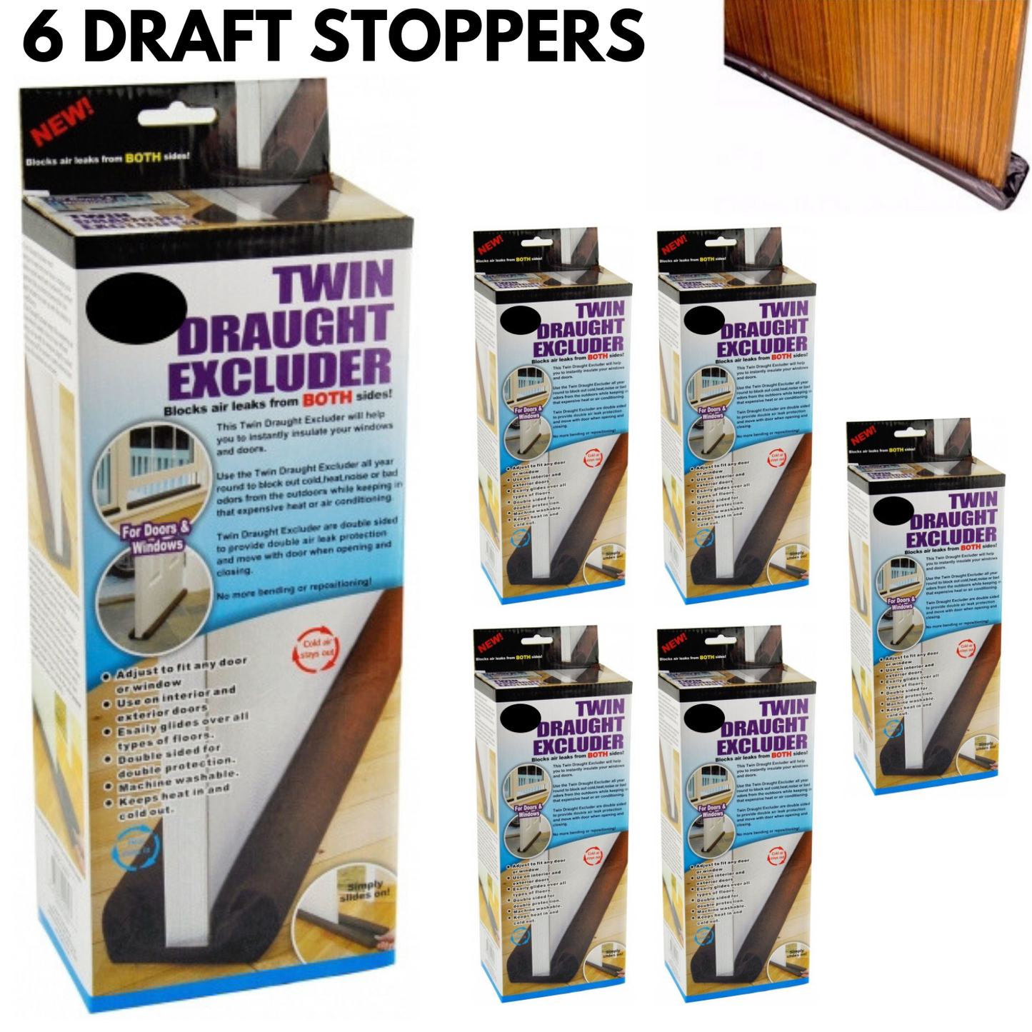 6x Twin Draft Flexible Door Stopper Bulk Pack - Bottom Sealing Strip Guard for Wind/Dust-1