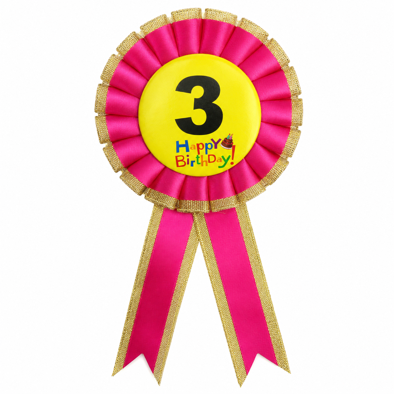 Kids Birthday Badge Rosette with Ribbon Party Favour Fancy Dress - Age 3 Pink