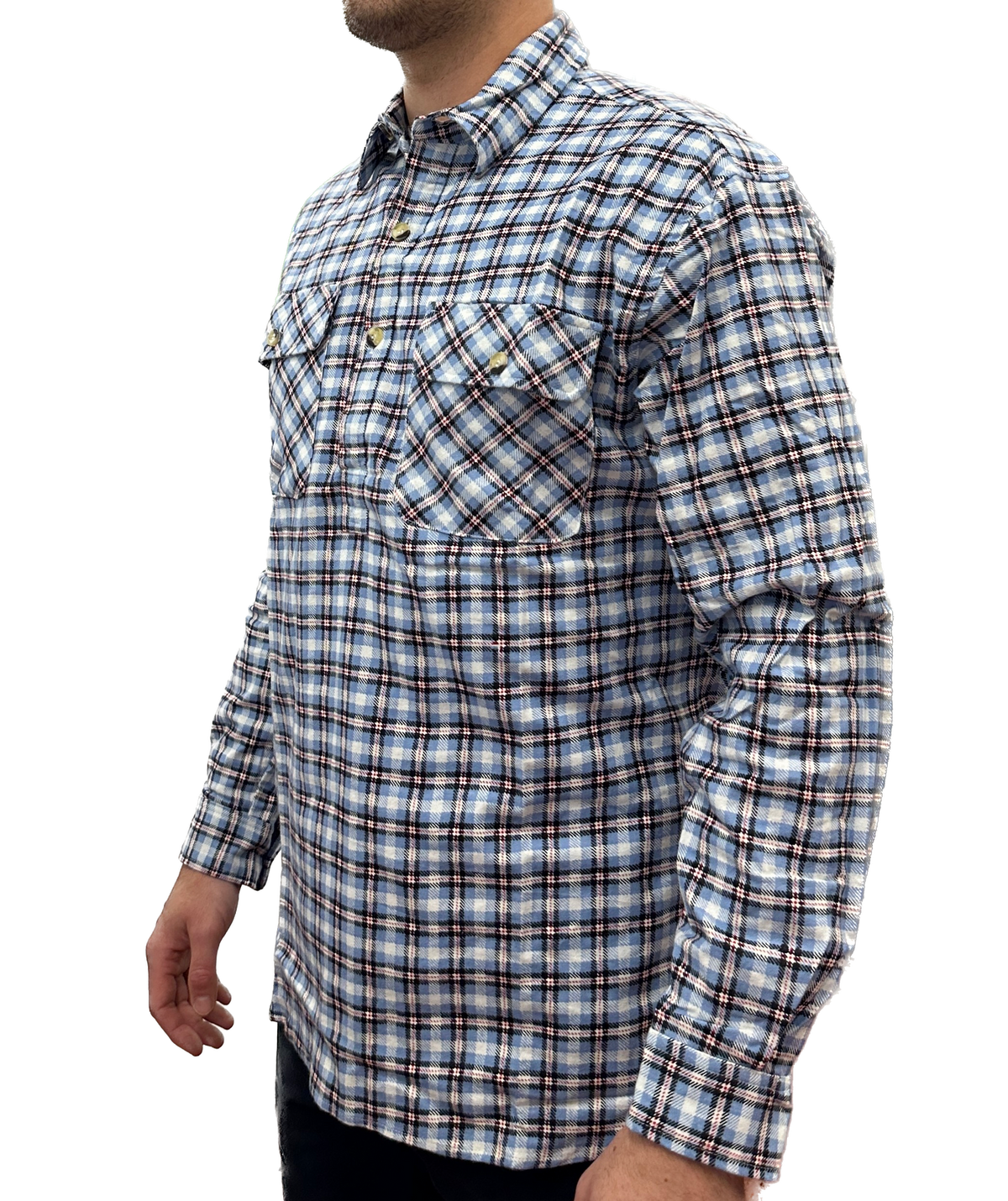 Mens Flannelette Long Sleeve Pullover Shirt 100% Cotton Flannel - Half Placket - Blue Check
