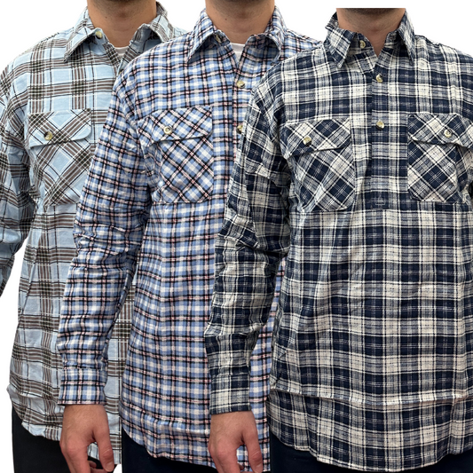 Mens Flannelette Long Sleeve Pullover Shirt 100% Cotton Flannel - Half Placket-0