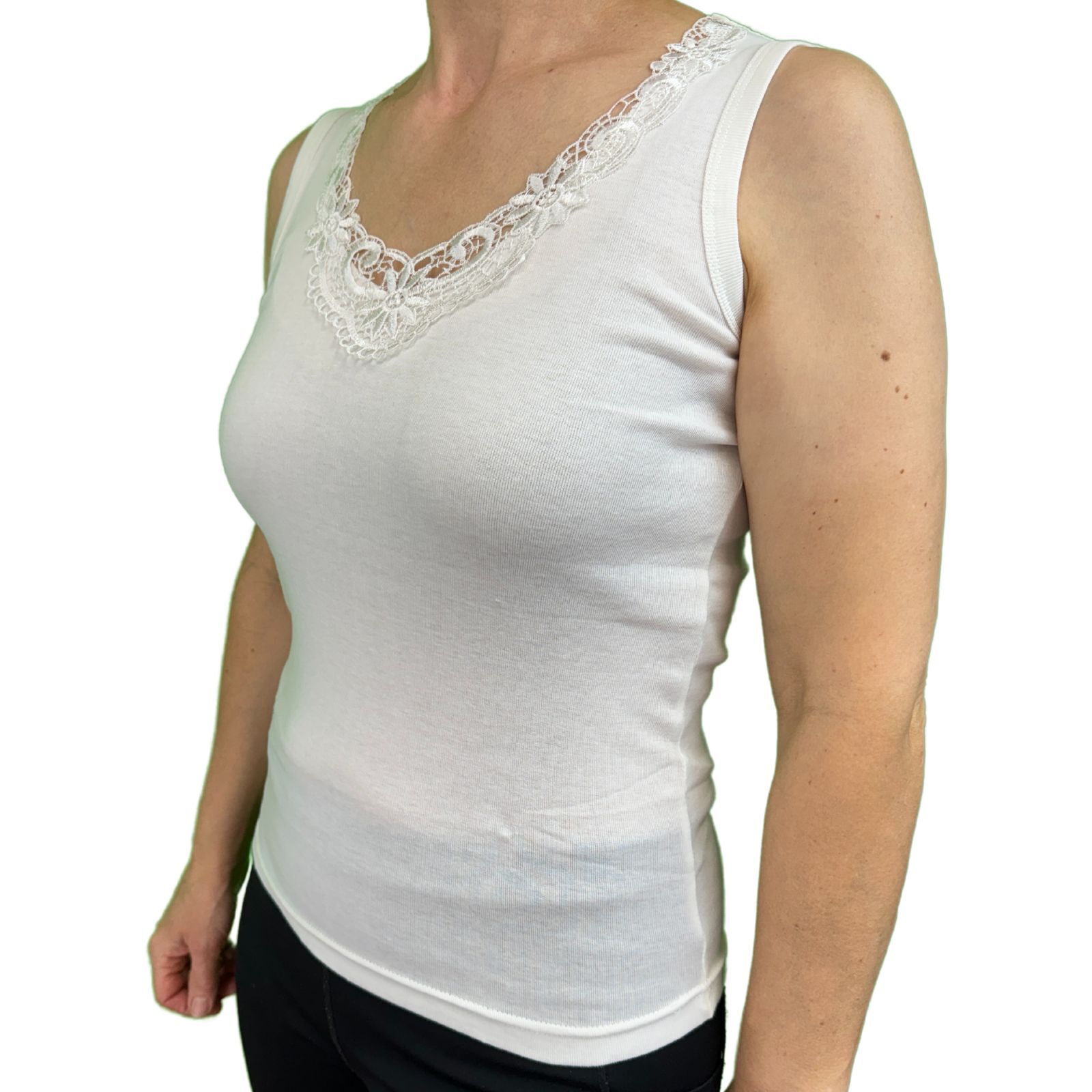 Ladies Sleeveless Singlet Top Womens Summer Basic Tank Shirt Lace Motif Front-6