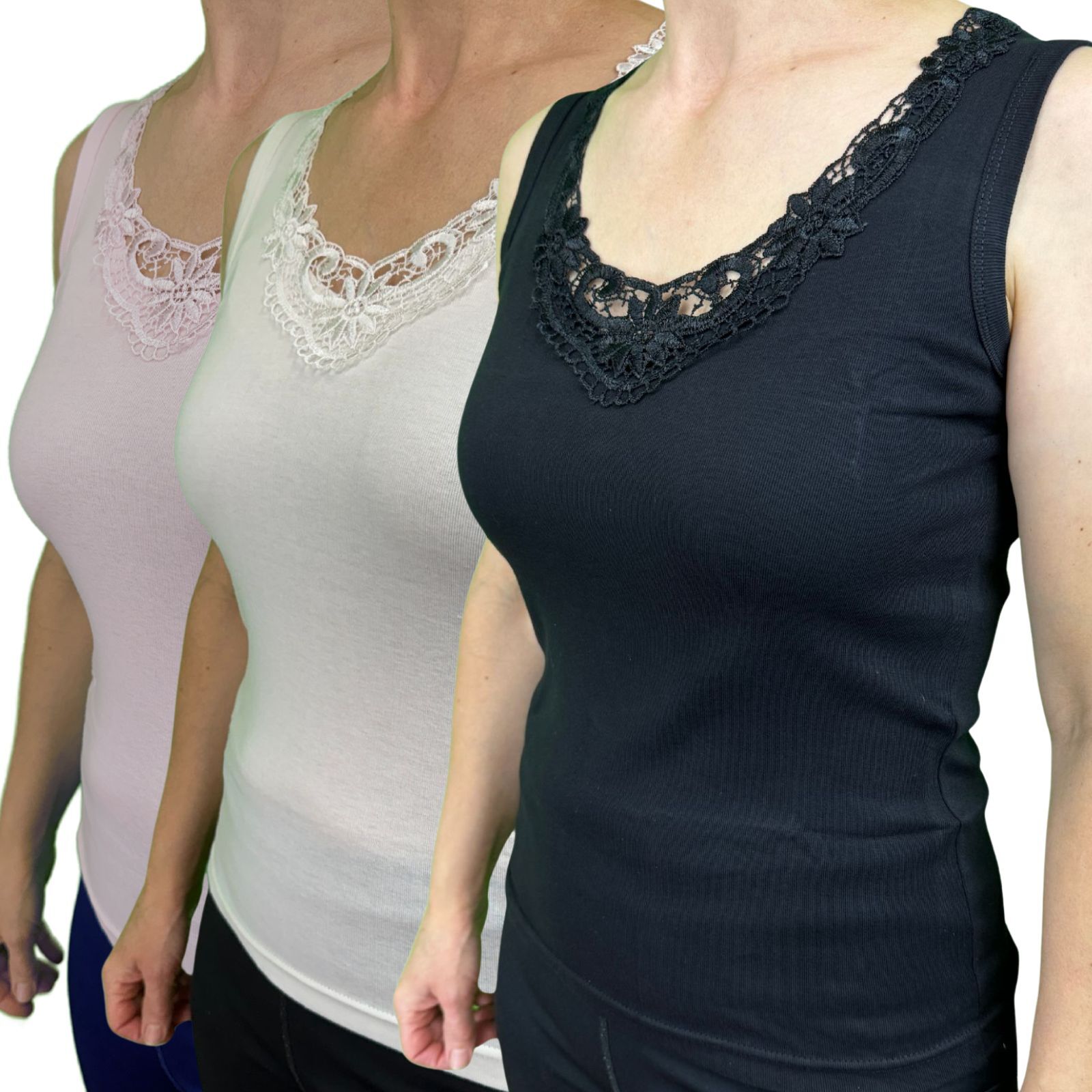 Ladies Sleeveless Singlet Top Womens Summer Basic Tank Shirt Lace Motif Front-1