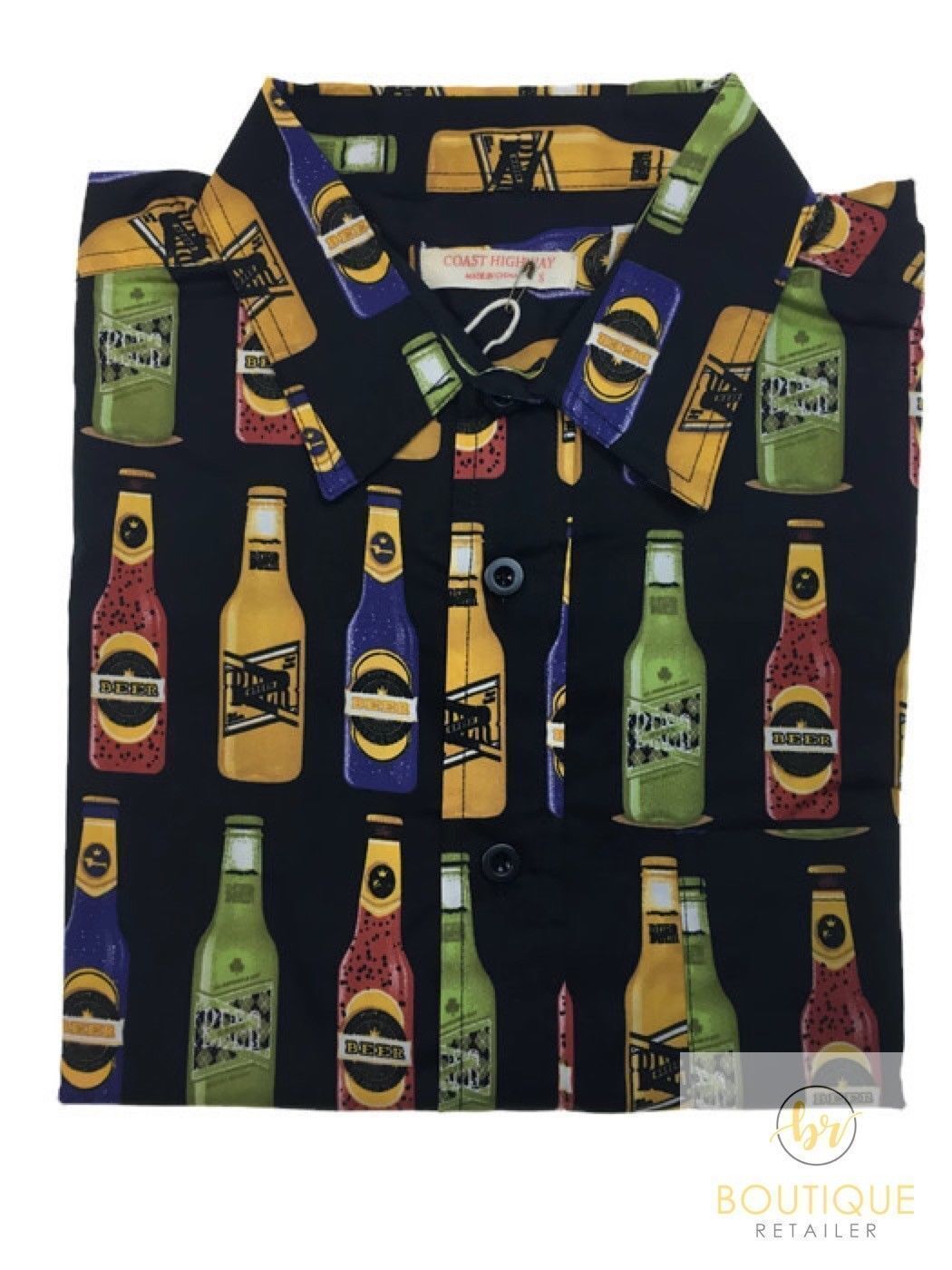 Mens Oahu Hawaiian Party Shirt Button Hippie Tops Short Sleeve Beach Holiday - Beer Bottles