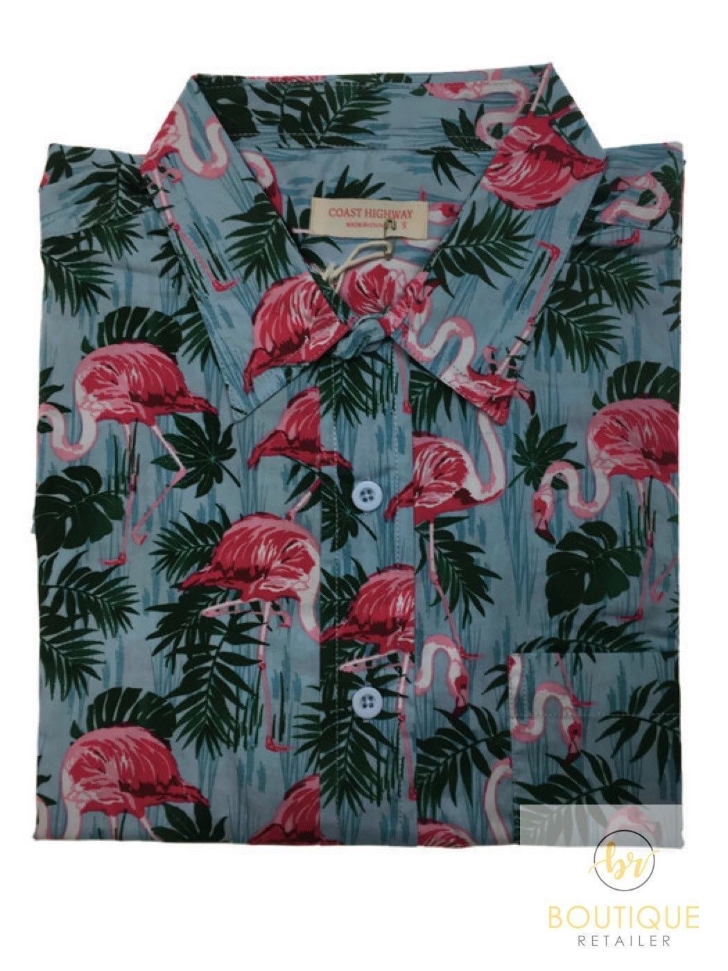 Mens Oahu Hawaiian Party Shirt Button Hippie Tops Short Sleeve Beach Holiday - Flamingo Feeding