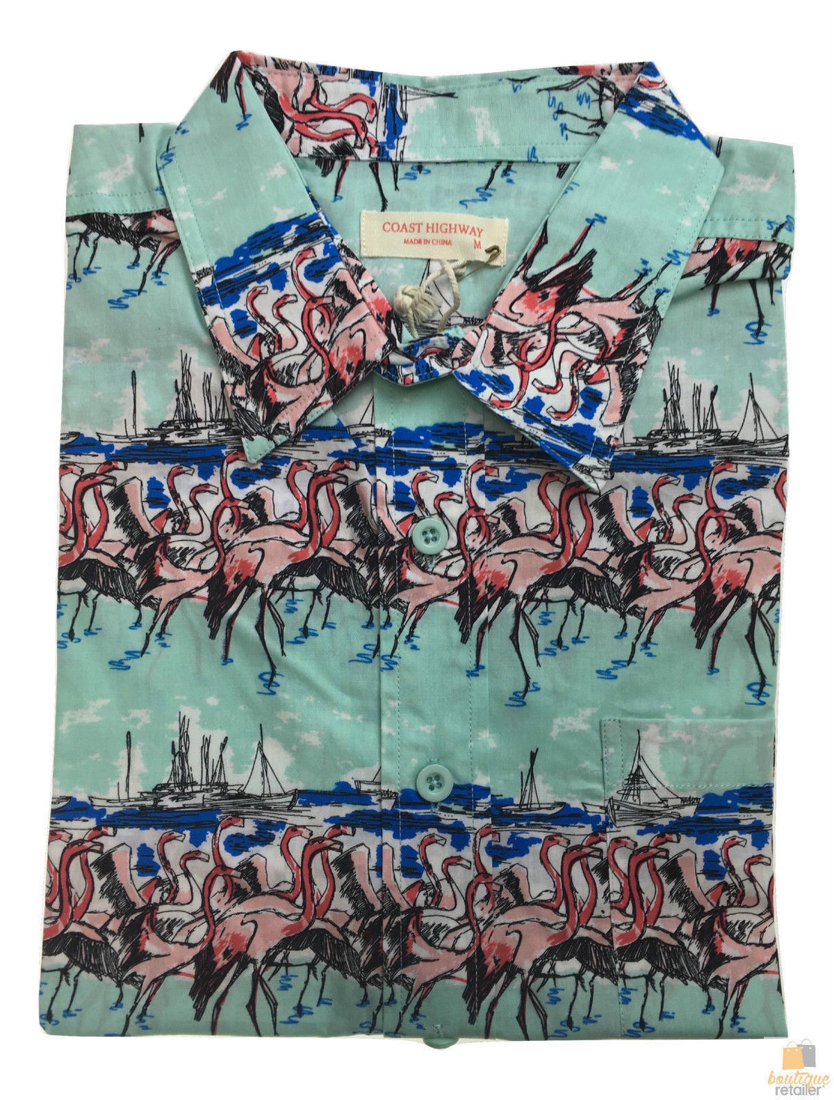 Mens Oahu Hawaiian Party Shirt Button Hippie Tops Short Sleeve Beach Holiday - Flamingo On Shore
