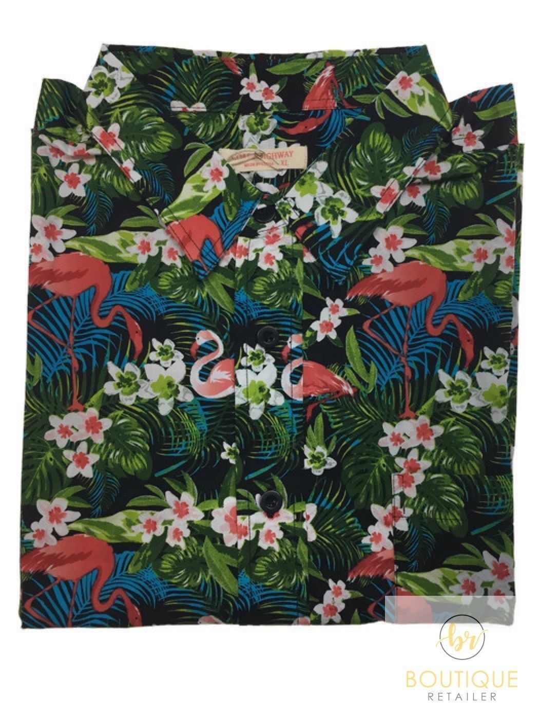 Mens Oahu Hawaiian Party Shirt Button Hippie Tops Short Sleeve Beach Holiday - Garden Flamingo