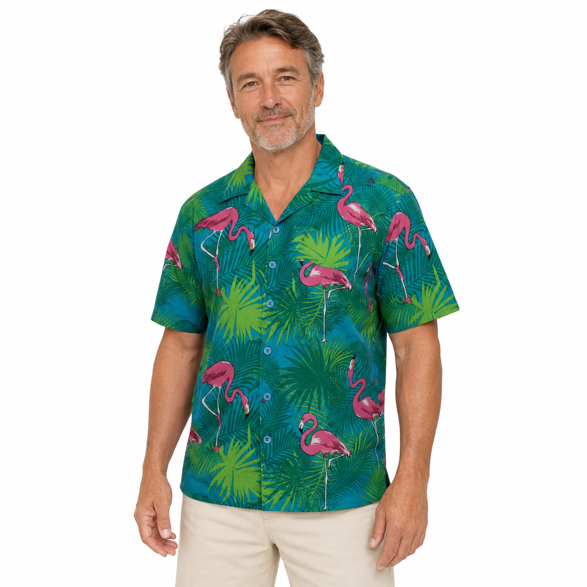 Mens Oahu Hawaiian Party Shirt Button Hippie Tops Short Sleeve Beach Holiday - Palm Flamingo
