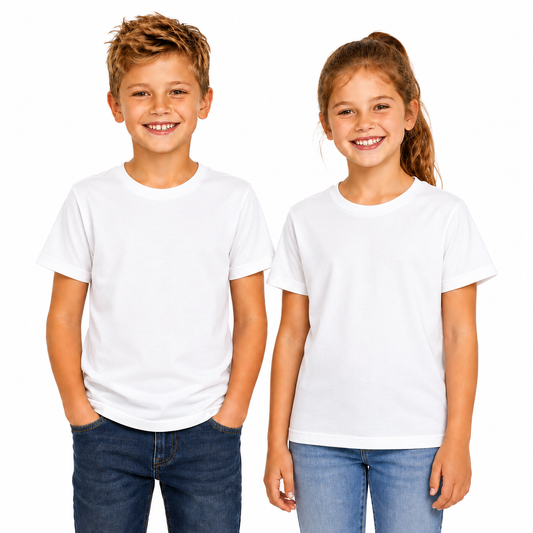 KIDS PLAIN T SHIRT Childrens Child 100% COTTON Boys Girls Basic Blank Tee Top - White