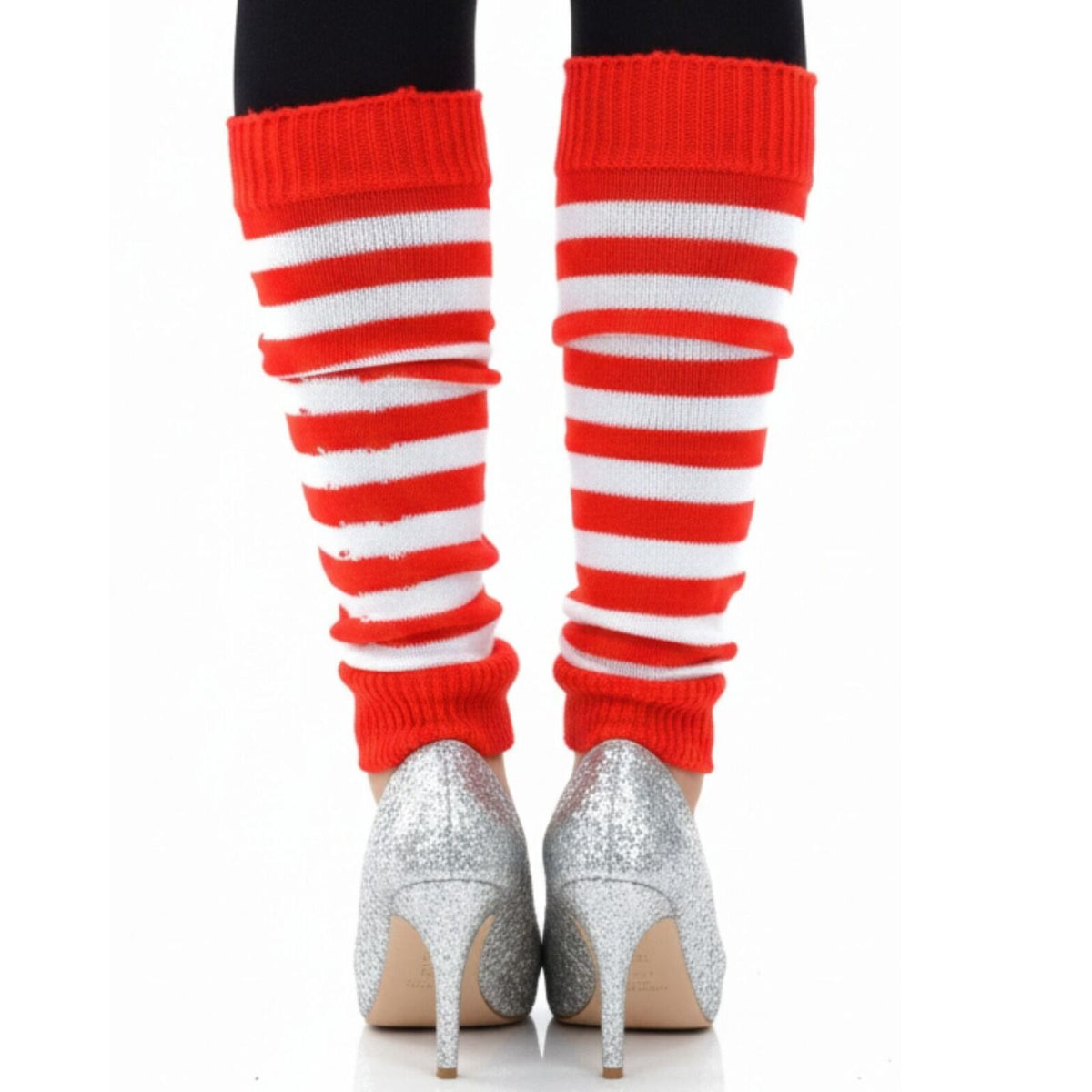 Pair of Womens Leg Warmers Disco Winter Knit Dance Party Crochet Legging Socks Costume - Red/White Stripe