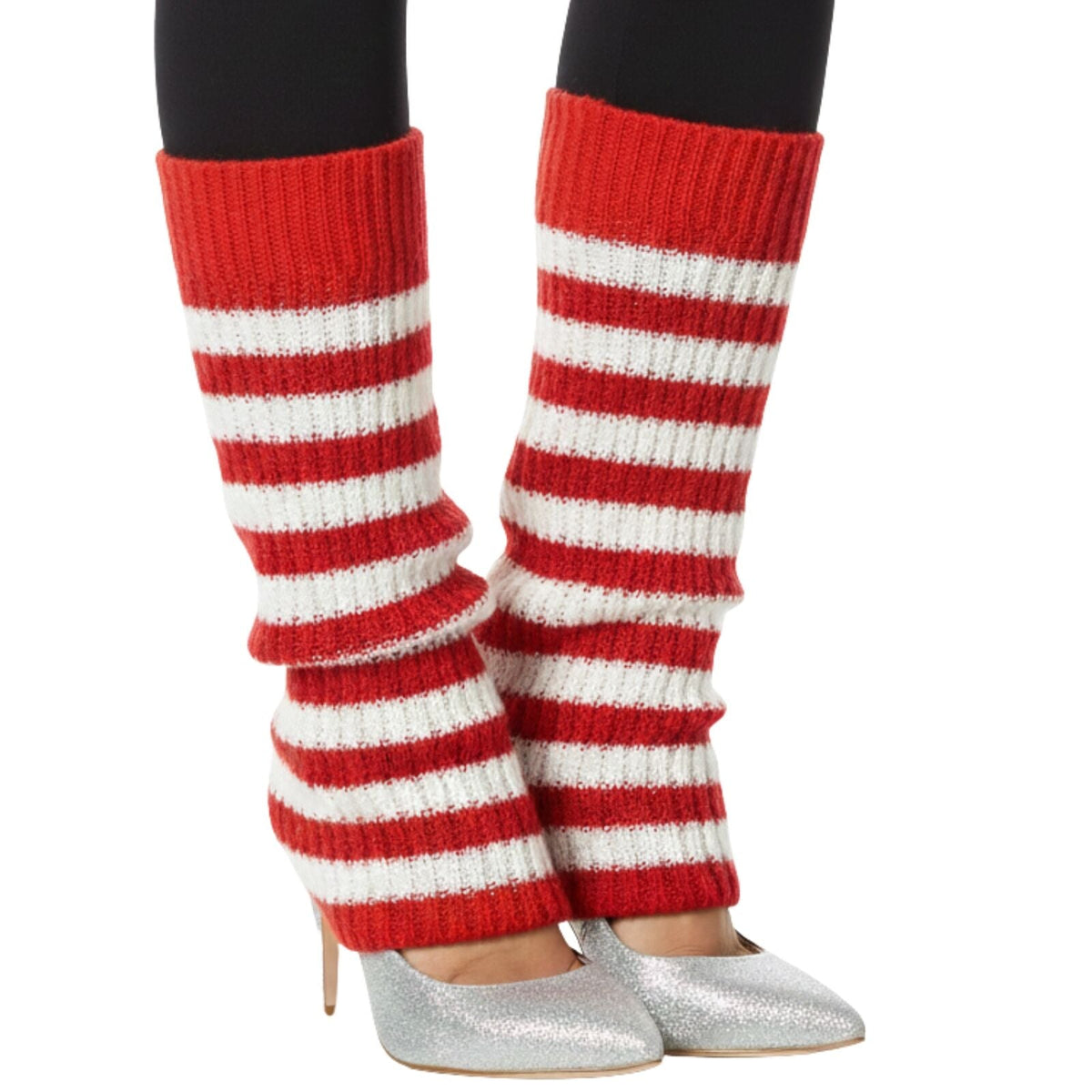 Pair of Womens Leg Warmers Disco Winter Knit Dance Party Crochet Legging Socks Costume - Red/White Stripe