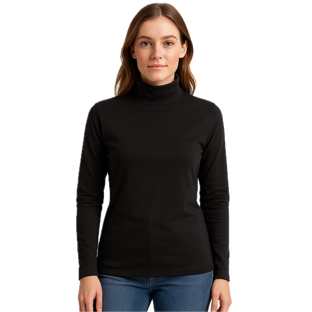 Plain Black Ladies Skivvy - Womens Long Sleeve Turtleneck Cotton Top-3