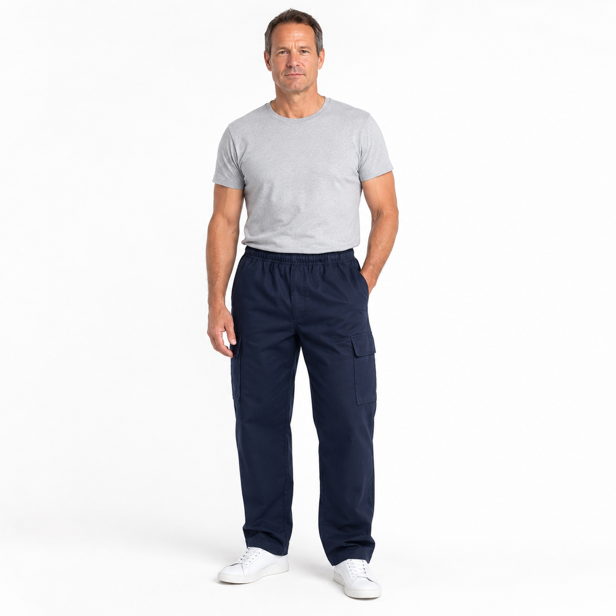 Mens CARGO PANTS Trousers Elastic Waist 100% COTTON Army Military PLAIN Casual - Navy