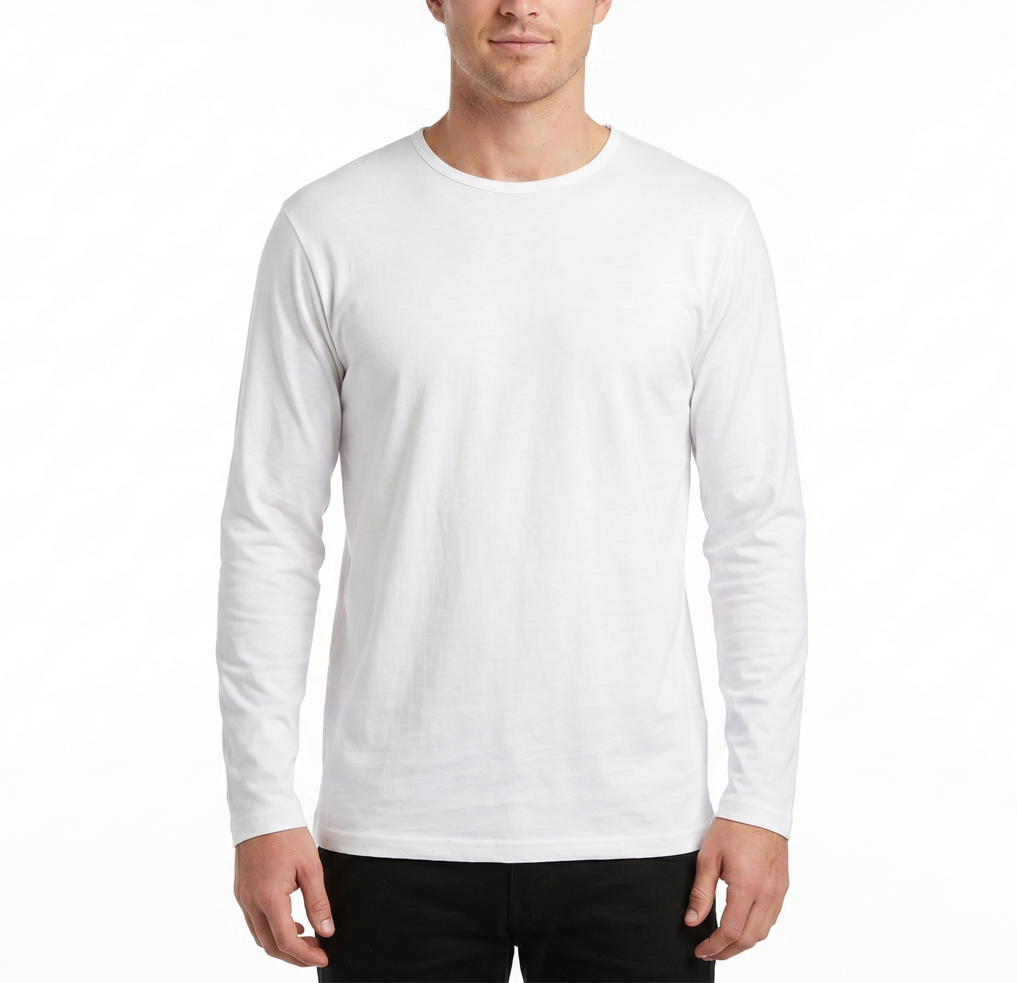 Mens 100% Cotton Plain Long Sleeve Slim Top - Basic Fitted Style-0