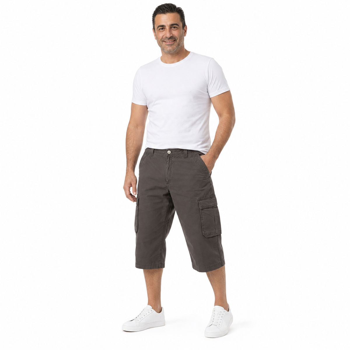 Mens 3/4 CARGO SHORTS Long Pants 100% COTTON Army Military Combat Summer - Brown