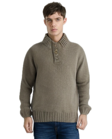 Mens Knit Pullover Jumper Stretch Winter Sweater - 4 Button Ivory 01 (KW16)