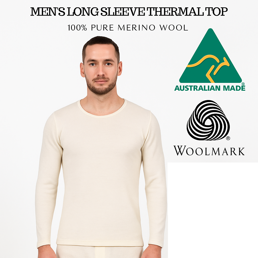 Mens 100% Pure Merino Wool Thermal Long Sleeve Top T Shirt Underwear - Natural-1