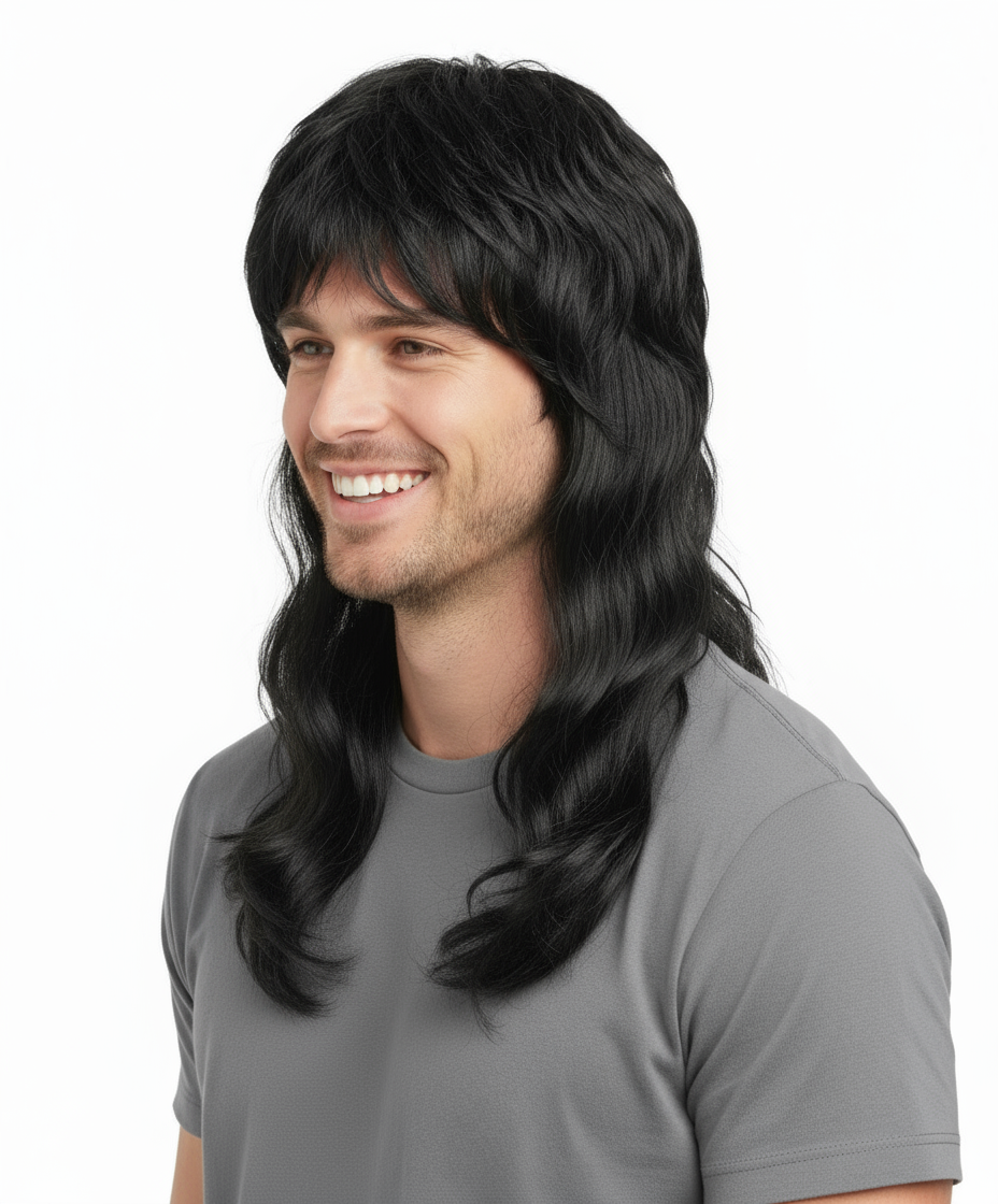 MULLET WIG 80s Fancy Dress Mens Party Costume Rock Bogan Accessory Punk 70s 90s - Black (Longer)