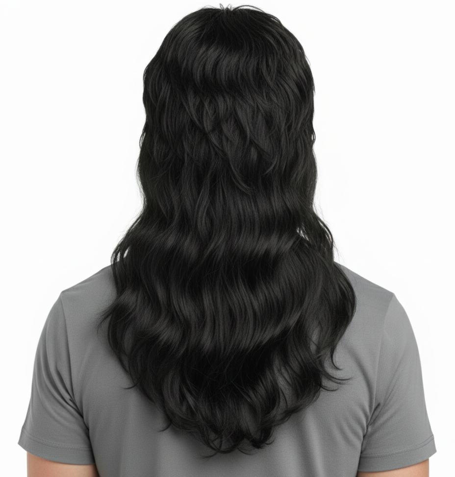 MULLET WIG 80s Fancy Dress Mens Party Costume Rock Bogan Accessory Punk 70s 90s - Black (Longer)