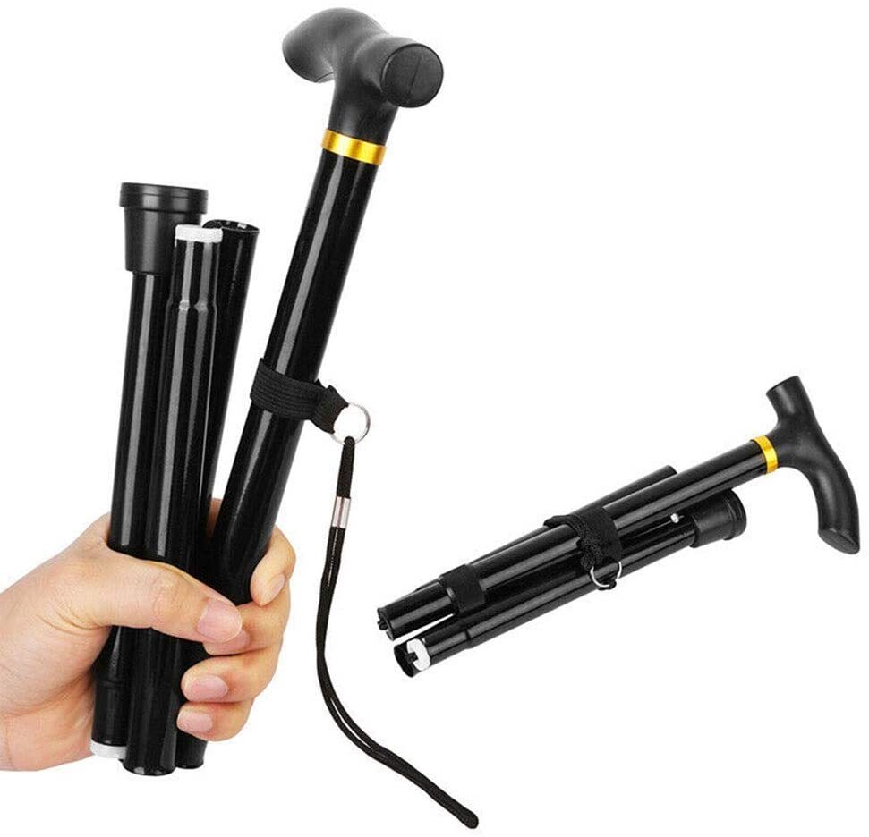 Adjustable Metal WALKING STICK Travel Cane Folding Pole Compact Retractable Hike - Black-3