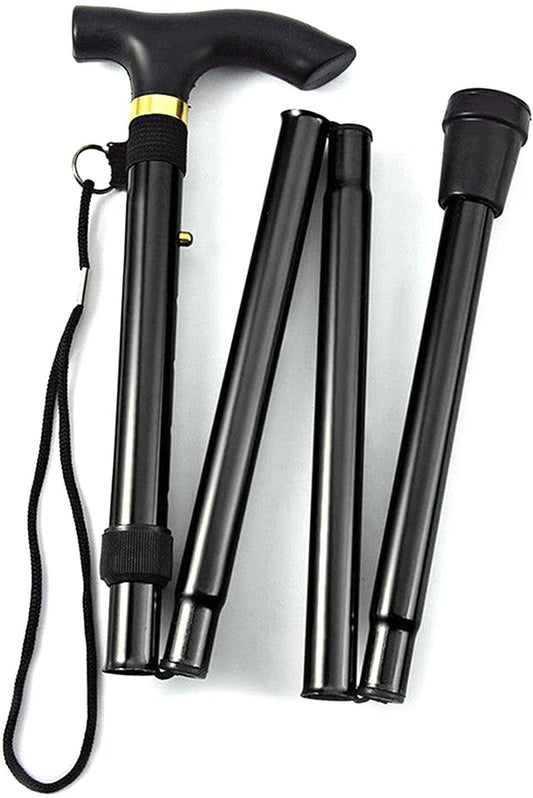 Adjustable Metal WALKING STICK Travel Cane Folding Pole Compact Retractable Hike - Black-0