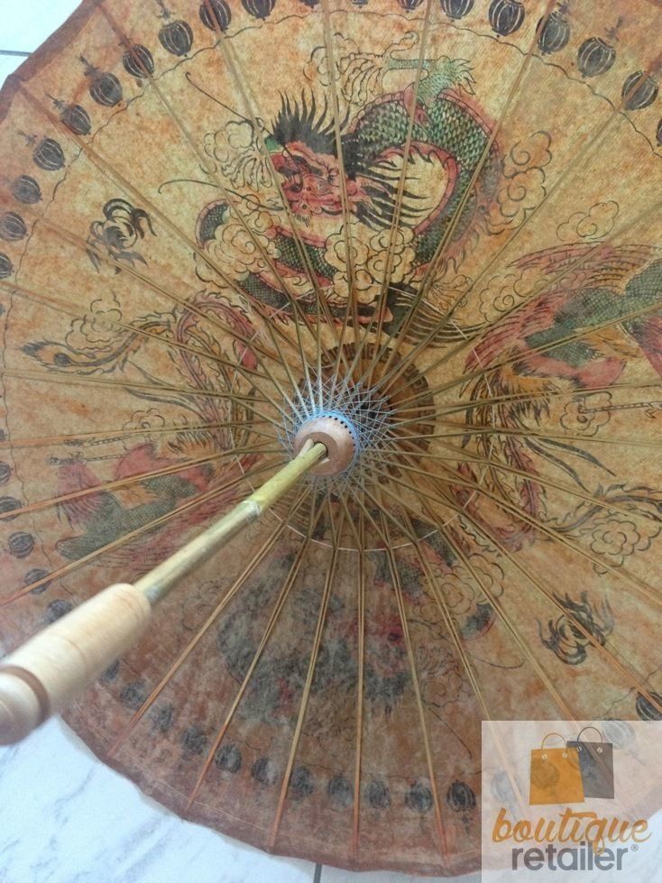 OIL PAPER UMBRELLA Parasol Chinese Decor HANDMADE Teak Leaf Bridal BAMBOO Rare-3