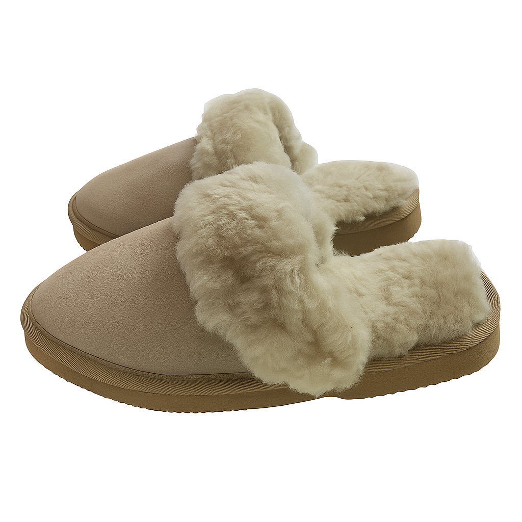 Sheepskin Wool Womens Slippers Scuffs Slip On Winter Ugg Slippers in Beige-0
