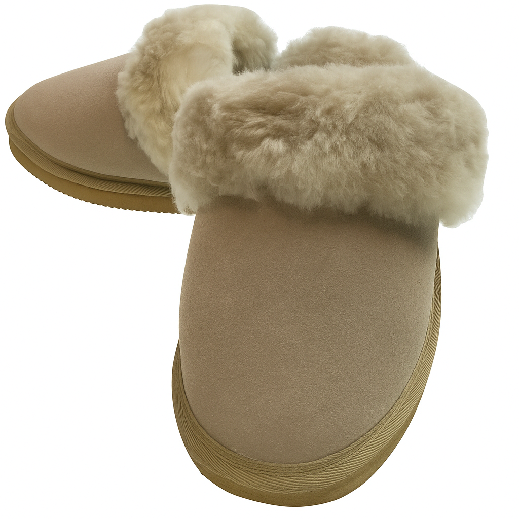 Sheepskin Wool Womens Slippers Scuffs Slip On Winter Ugg Slippers in Beige-3
