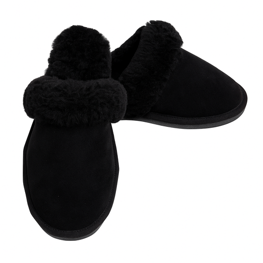 Sheepskin Wool Womens Slippers Scuffs Slip On Winter Ugg Slippers in Black-0