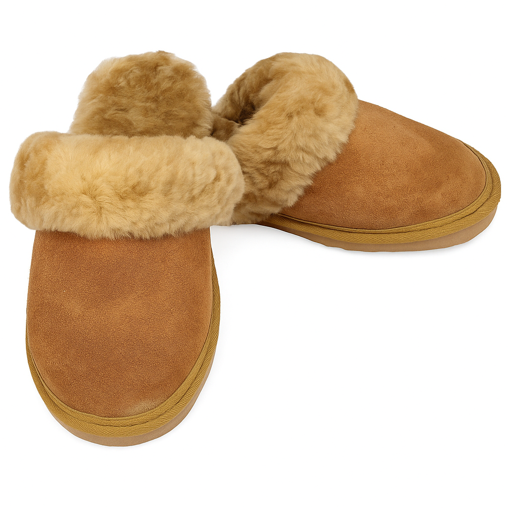 Sheepskin Wool Womens Slippers Scuffs Slip On Winter Ugg Slippers in Chestnut-1