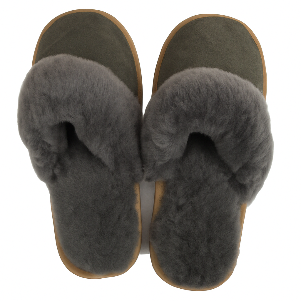 Sheepskin Wool Womens Slippers Scuffs Slip On Winter Ugg Slippers in Grey-3