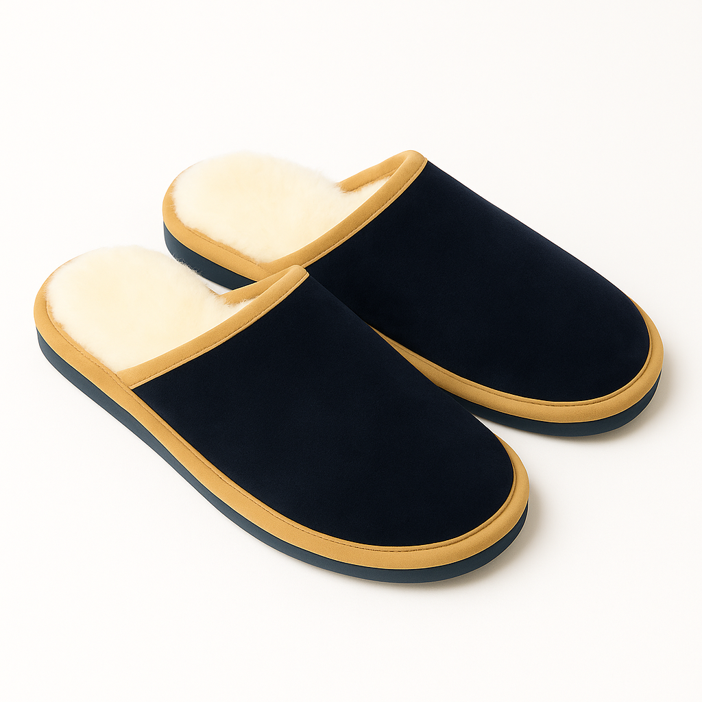 Sheepskin Wool Mens Slippers Scuffs Slip On Winter Ugg Slippers in Navy-1