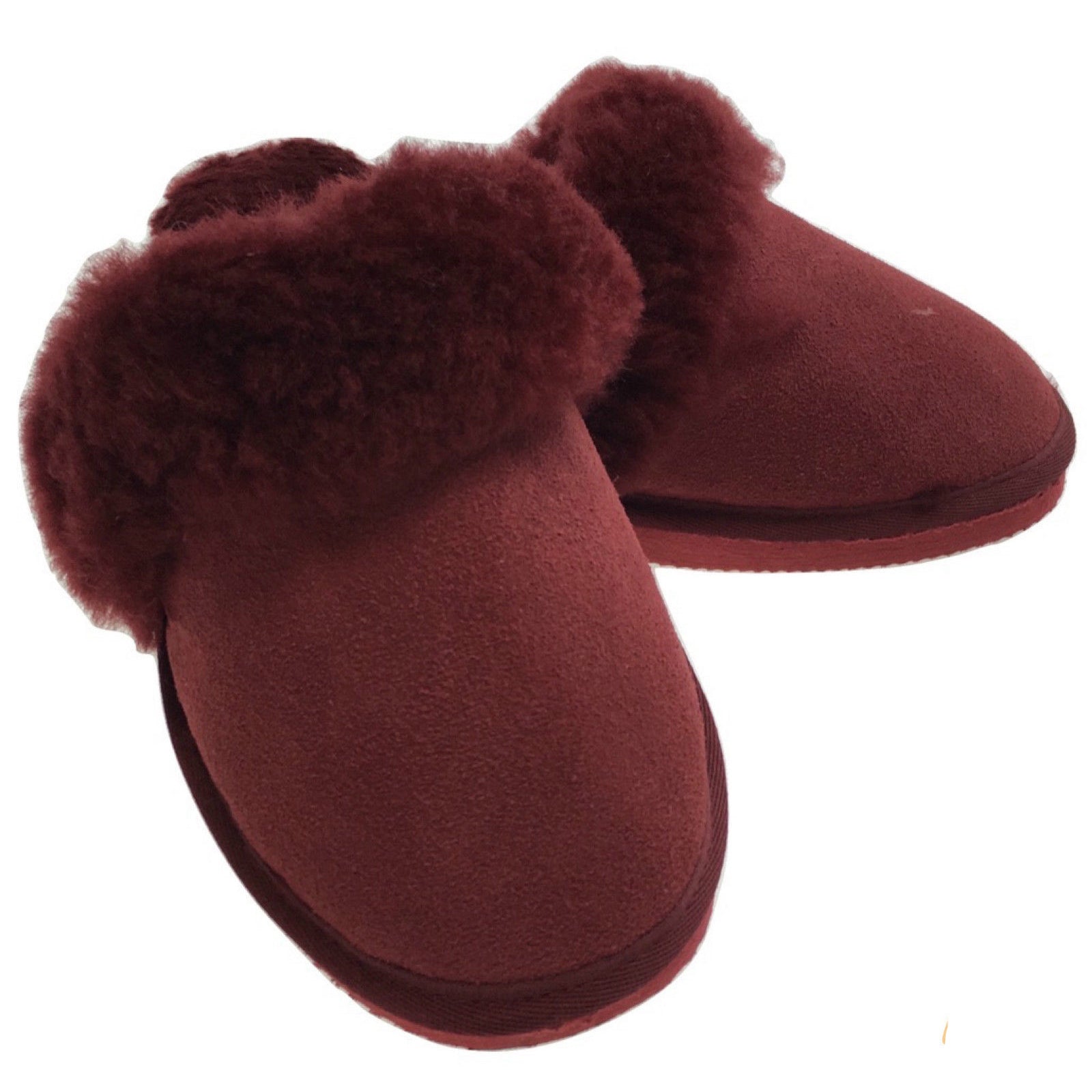 Sheepskin Wool Womens Slippers Scuffs Slip On Winter Ugg Slippers in Burgundy/Red-9