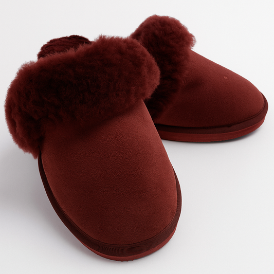 Sheepskin Wool Womens Slippers Scuffs Slip On Winter Ugg Slippers in Burgundy/Red-0