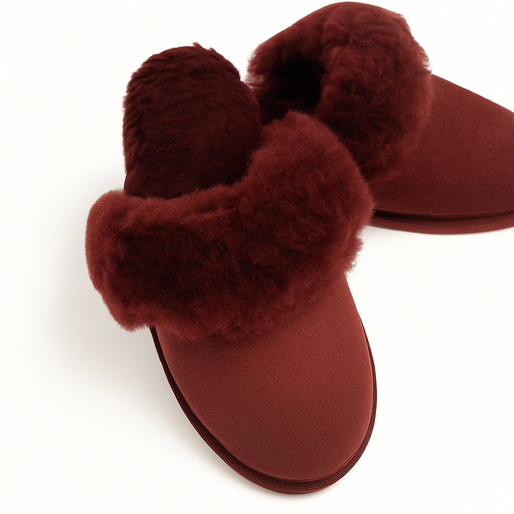 Sheepskin Wool Womens Slippers Scuffs Slip On Winter Ugg Slippers in Burgundy/Red-3