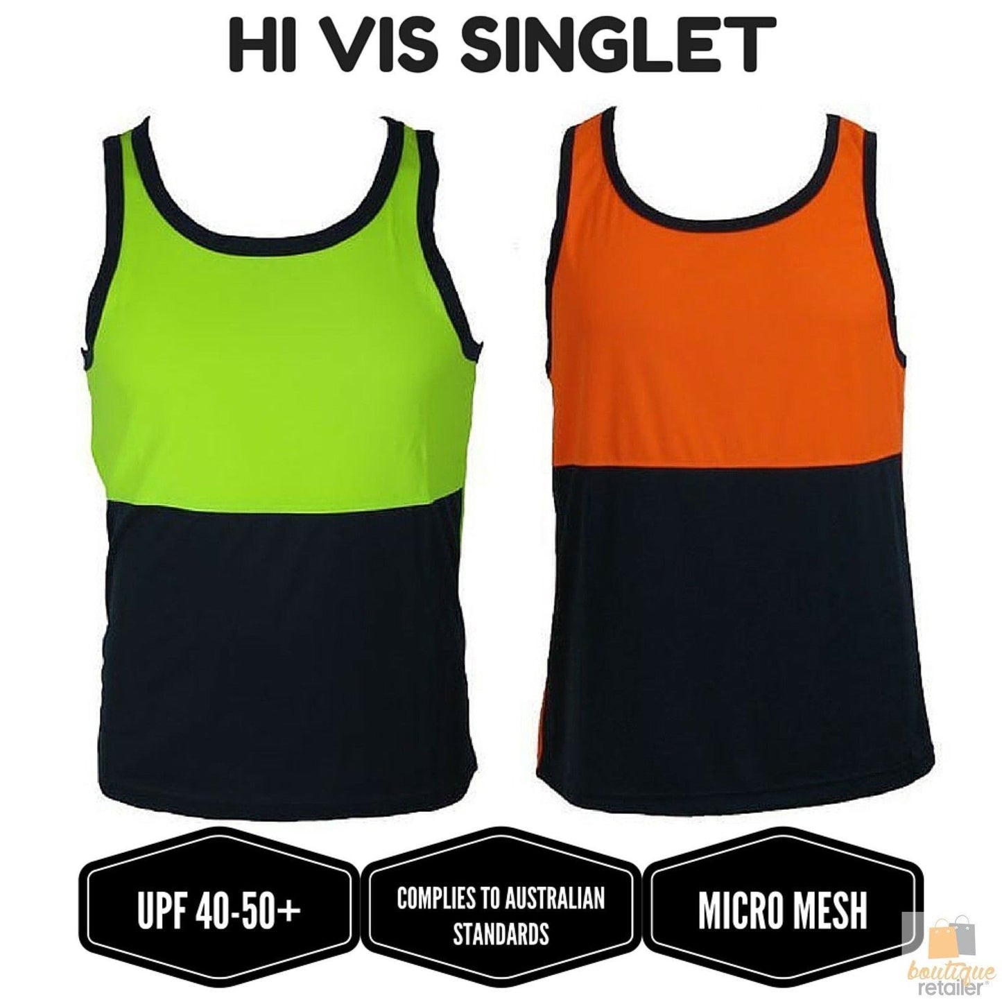Hi Vis SINGLET Work Wear Safety Tank Top Fluro Micro Mesh UPF50+ High Visibility-1